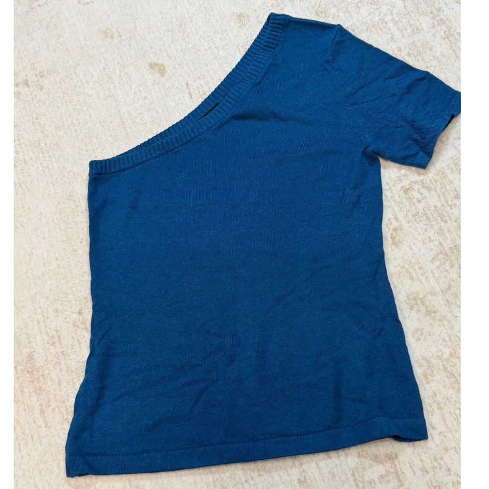Moda International Silk Cashmere One Shoulder Knit Top Teal Blue Small